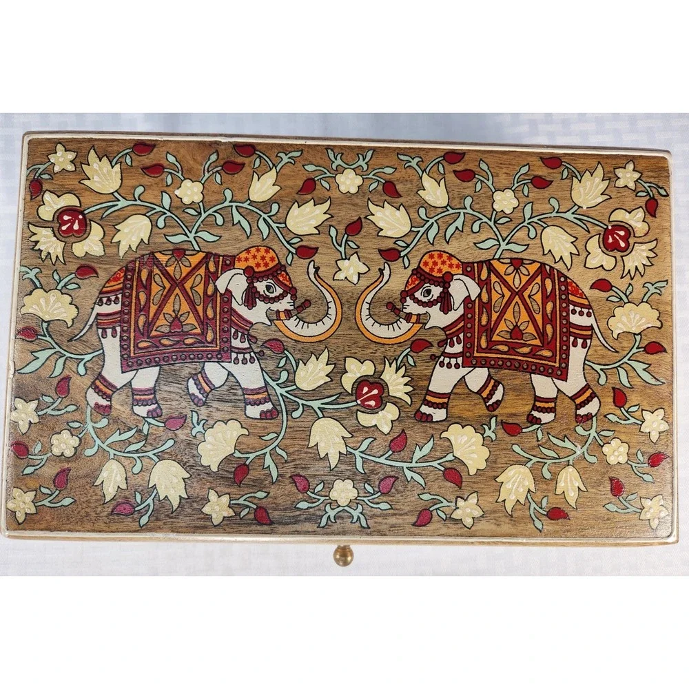 New Elephant Hand Painted Jewelry Box Treasure Chest Large Made In India Wood